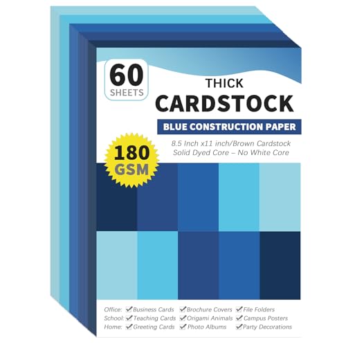 gisgfim 60 Sheets Blue Cardstock 8.5 X 11 Solid Dyed Core Construction Paper Cardstock 5 Assorted Colors Card Stock Printer Scrapbook Paper 65lb/180gsm for Embossing Printing Invitations DIY Craft - color: Blue, size: 8.5 X 11