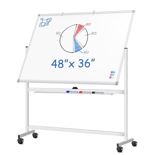 Large Rolling White Board, 48x36 in Double-Sided Mobile Whiteboard, maxtek Reversible Magnetic Dry Erase Board Easel Standing Whiteboard on Wheels Portable Board for Office Classroom and Home, Silver - color: Silver, size: 48"W x 36"H