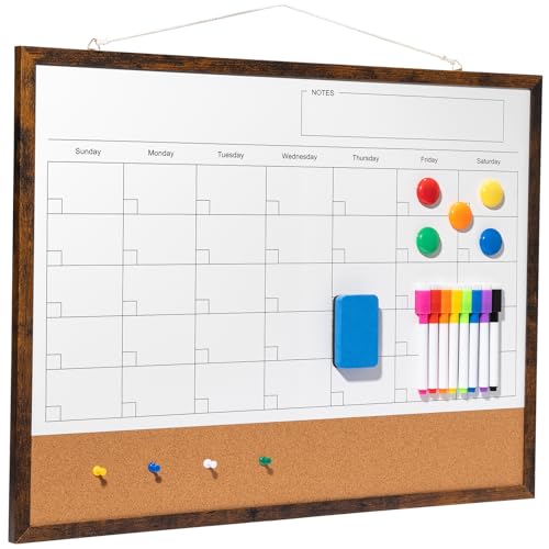 Dry Erase Calendar Whiteboard, 24" x 18" Magnetic Whiteboard Cork Board Combo, Reusable Monthly Planner with 8 Markers, Eraser, Magnets and Pushpins, Hanging Dry Erase Board for Home, School - Brown - color: Brown
