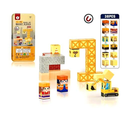 Magnetic Building Blocks 38 Pieces STEM Toy Set Ages 3-8 | Strong magnets, Portable Travel, Safe STEM Construction, Storage Box, Screen-Free, Back-to-School Preschool Gift Boys Girls - style: Construction Block-38pcs