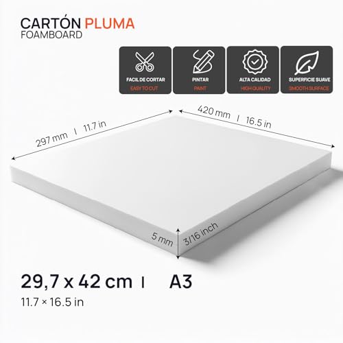 OFITURIA Foam Board White A3 Adhesive (29.7 x 42 cm) Pack of 2 Expanded Polystyrene Plate Lightweight and Rigid Foam Board Versatile and Cuttable for Crafts and Models, 5 mm - color: White (Adhesive), size: A3 Pack 2 u