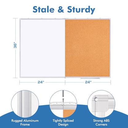 Magnetic White & Cork Board Combo 48" x 36" Aluminum Frame | Dry erase bulletin board, wall mounted or hanging. Dual-function surface for writing & pinning. Ideal for home, office, shool - size: 48 x 36 inch