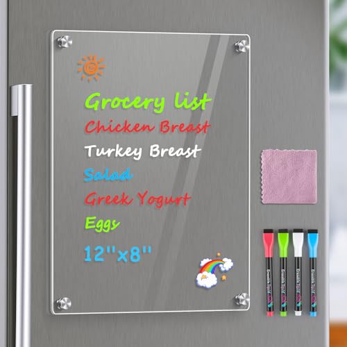 MaxGear Acrylic Magnetic Whiteboard for Fridge, 12 x 8 Inch Dry Erase Board | Durable Acrylic Material, Powerful Magnets, Smooth Writing and Easy Cleaning for Grocery Lists, Meal Plans, and Reminders - size: 12"W x 8"H