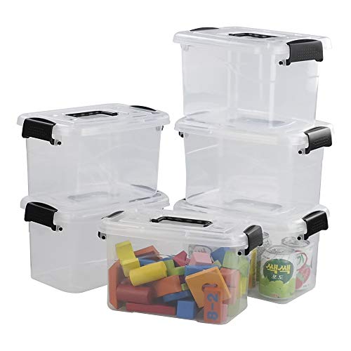 5 L Plastic Storage Bin with Lid, Transparent Organizing Box Set of 6 | With Black Handle - color: Black