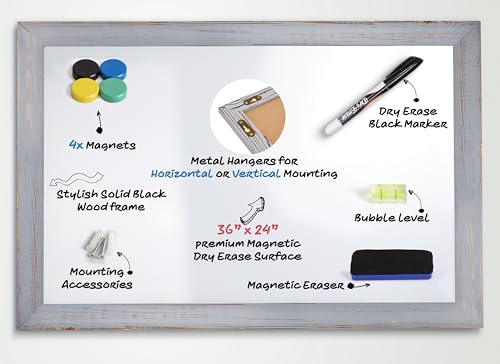 Real Wooden Framed Magnetic Dry Erase Whiteboard, 24" X 36", Vertical/Horizontal Wall Mount, Includes Black Marker, Eraser and 4 Magnets, by Better Office Products (Gray Wash) - style: Gray Wash