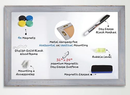 Real Wooden Framed Magnetic Dry Erase Whiteboard, 24" X 36", Vertical/Horizontal Wall Mount, Includes Black Marker, Eraser and 4 Magnets, by Better Office Products (Gray Wash) - style: Gray Wash