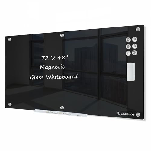 J&J worldwide Black Magnetic Glass Whiteboard 72x48 Inch, Frameless Tempered Glass Dry Erase Board Wall Mounted Includes Markers, Eraser, Magnets, Mounting Kit for Office Home& School - color: Black, size: 72"W x 48"H