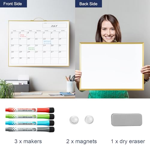 TSJ OFFICE White Board Calendar - 12 X 16 Inches Magnetic Dry Erase Board Monthly Calendar, Double Sided Whiteboard with a Handle, to Do List Notepad for Office, Home, School, Gold Aluminum Frame - color: Gold-whiteboard & Calendar