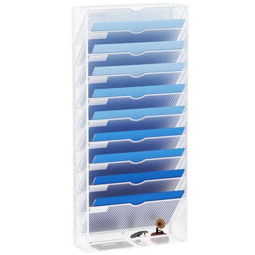 Hanging Wall File Organizer 10 Tier Wall Mounted File Holder Document Wall Organizer Magazine Organization for Office Home, White - color: White, size: 10 Tier