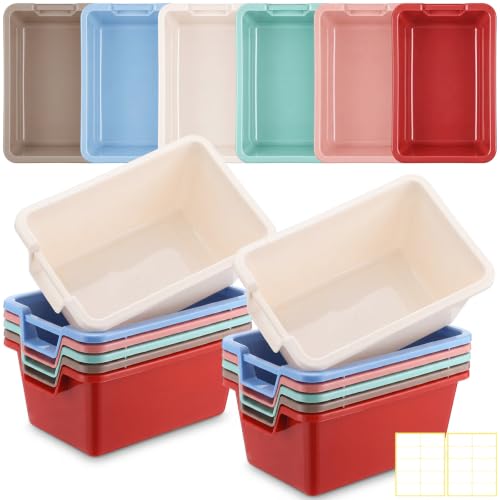 Thyle 12 Pieces Plastic Cubby Bins with Labels 11.6 x 7.7 x 5 Inch Classroom Book Bins Stacking Storage Container Organizer Storage Cubbies for Classroom Office (Pastoral Color) - color: Pastoral Color