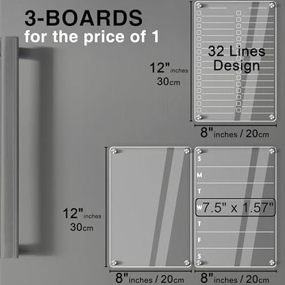 Acrylic Magnetic Dry Erase Board for Fridge 3 Pcs, Clear Fridge Whiteboard to Do List White Board for Refrigerator Weekly Meal Planner Menu Board for Kitchen Fridge Calendar Magnet - style: 12x8'' List+Weekly+Blank