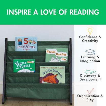 Humble Crew 4-Tier Kids Bookshelf, Camo Wood/Green - Premium Book Shelf for Kids Rooms with Four Deep Pockets - Toddler Sling Book Rack with Deep Sleeves, Nursery Bookcase Organizer - color: Camo Green