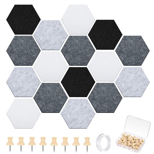 Mindsoft 6.7 x 5.9 in 16 Pcs Hexagon Cork Board Tiles with 50 Wooden Push Pins, Cork Boards for Wall, Felt DIY Tiles with Nano Tape, Pin Board for Office Classroom Home Photo Memo Note (Grey) - color: Grey, size: 6.7 x 5.9 in