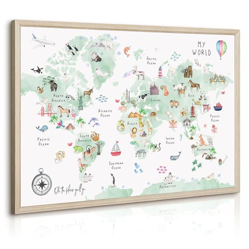 Joocrise Green Kids World Map Wall Art Animal Map Canvas Art Nursery Wall Decor World Map Poster Childrens Room Decor Playroom Prints Educational Artwork 16x24 Inch Wood Frame - color: Green Map Prints, size: 16x24 Inch Neutral Framed