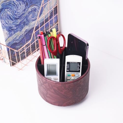 원형 가죽 아트 용품 오거나이저, 리모컨 홀더, 360도 회전, 다기능 펜슬 홀더, 4칸 데스크탑 고정 정리함(1개 조각 다크 브라운) - color: 다크 브라운 조각 1개