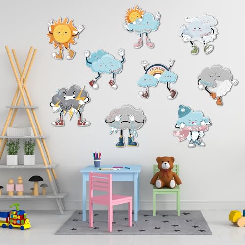 Fulmoon 9 Pcs Weather Posters Set Human Shaped Weather Table Chart Weather Bulletin Board Division Chart Artificial Weather Chart for Preschool Kindergarten Leaning Studying Classroom Wall Decor