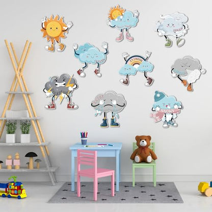 Fulmoon 9 Pcs Weather Posters Set Human Shaped Weather Table Chart Weather Bulletin Board Division Chart Artificial Weather Chart for Preschool Kindergarten Leaning Studying Classroom Wall Decor