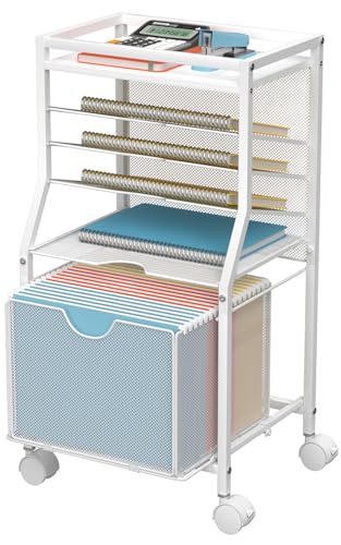BOHDK Rolling File Cart, 6-Tier Desk File Organizer on Lockable Wheels, White Wood Planks & Mesh Sliding Hanging Folder Drawer, Organization Cart for Office Home School - color: White