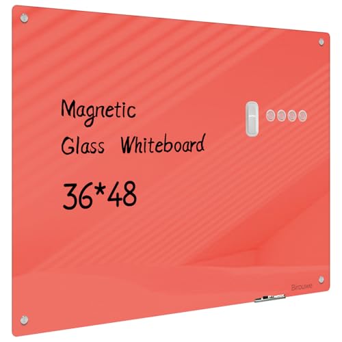 Magnetic Glass Whiteboard - 48"x36" Frameless Dry Erase Board for Walls, Red - color: Red, size: 48" x 36"