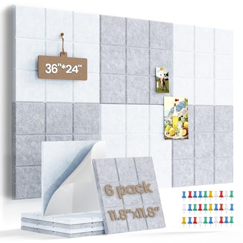 Large Felt Board Tiles for Wall with 30 Push Pins, 11.8"x11.8" Pack of 6 Pin Board Notice Boards for Home Office Kitchen, Bulletin Board Wall Tiles for Photos Memos (Grey+White, 6 Pack) - color: Grey+white, size: 6 Pack