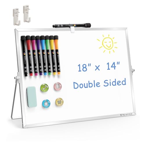 TSJ OFFICE Small White Board - 18 X 14 Inches Small Magnetic Dry Erase Board with Hooks for Wall, Desktop Whiteboard Stand 360 Degrees Revolving Double Sided for Office, Home, School, Silver - color: Silver, size: 18"W x 14"H
