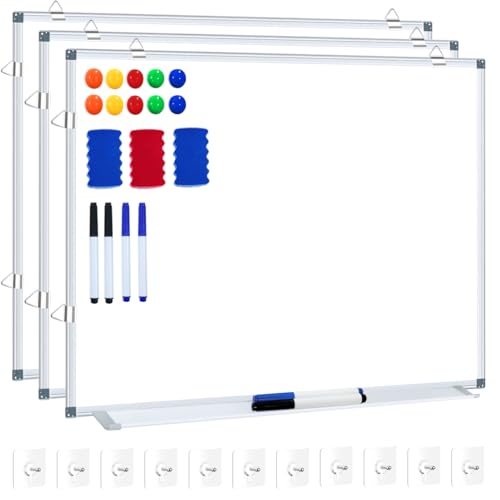 H-Qprobd White Board Dry Erase Whiteboard for Wall 24x18 (3pcs) Magnetic Boards for Office Classroom & Home, Small Wall Whiteboard Including 6 Markers, 10 Magnets, 2 Erasers & 15 Adhesive Hooks - size: 24"x18"(3pcs)