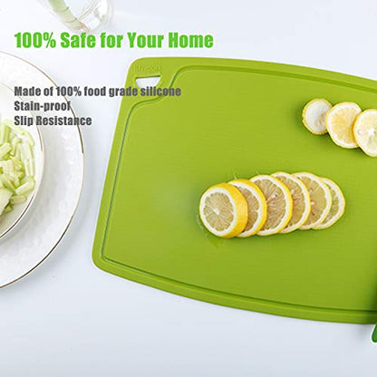 Liflicon Silicone Thick Cutting Boards Mats Set of 3 Foldable & Flexible Design Juice Grooves Easy Grip Handle Dishwasher Safe for Kitchen,BPA free Silicone Cutting Board-Green - color: Green, size: S+M+L