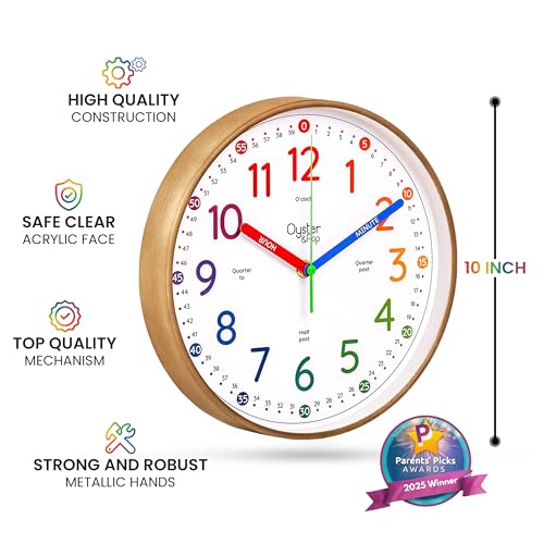 Oyster&Pop Kids Clock - Silent 10" Analog Clock, Learning Wall Clocks - Award-Winning Telling Time Teaching Clock for Kids - Bedrooms Homeschool & Classrooms - Includes eBook - color: Rainbow, size: 10 inch