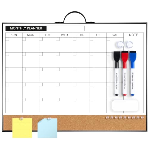 ARCOBIS Calendar Whiteboard Cork Board Combination for Wall, 12"x16" Double-Sided Monthly Dry Erase Calendar, Magnetic White Board for Planning, Office, School, Home, Black - color: Black