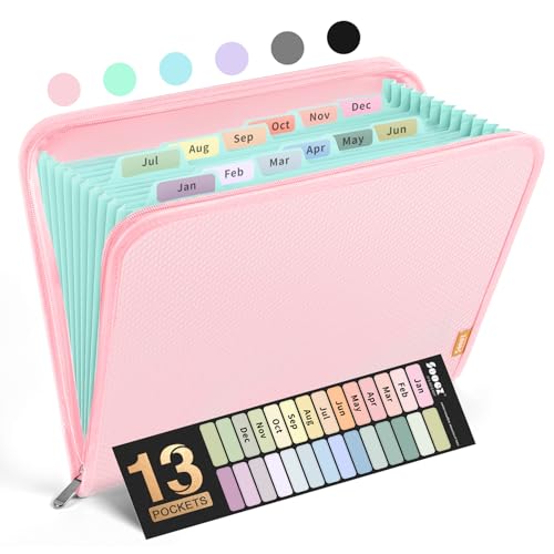 Sooez 13 Pocket Accordion File Organizer, Zipper Expanding File Folder Organizer, Reinforced Plastic Accordion Folder, A4 Letter Size, Portable Folders for Documents, Pink - color: Pink, style: 13 Pocket