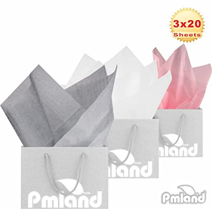 PMLAND Gift Wrapping Tissue Paper - Gray Pink White Assorted - 20 Inches x 26 Inches 60 Sheets - color: Gray/Pink/White