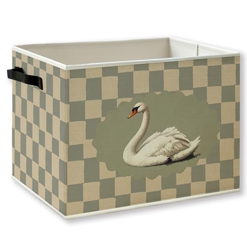 Vintage Swan Checkered Foldable Storage Bins Box with Handles, Farmhouse Antique Elegant Swan Animal Collapsible Foldable Basket Organizer for Bedroom Bathroom Clothes Toys Books - color: kid-30