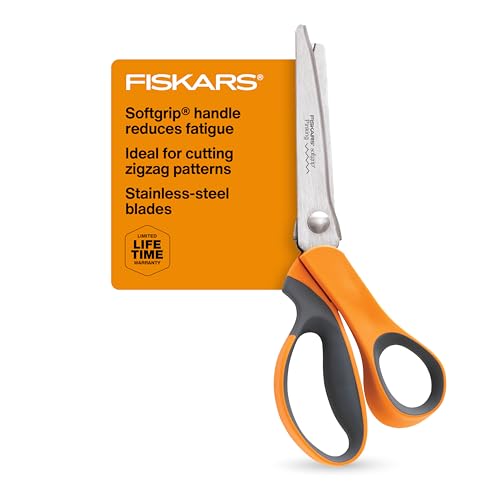 Fiskars SoftGrip Pinking Shears, 8 Inch Fabric Scissors for Sewing and Quilting, Zigzag Edge to Reduce Fraying, Ergonomic Bent Handle, Orange/Gray - style: Pinking Shears