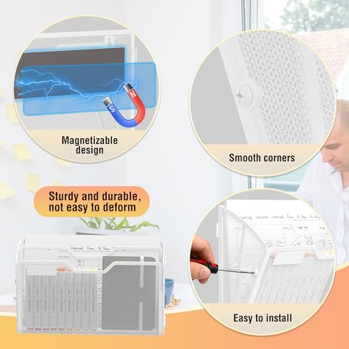 Docnest 2 Tier 3 Pack Magnetic Wall Mounted File Holders,Mesh Letter Organizer, Magnetic Hanging Mail Paper Document Organizer for Office, Home, School, White - color: 2 Tier Magnetic White-3 Pack