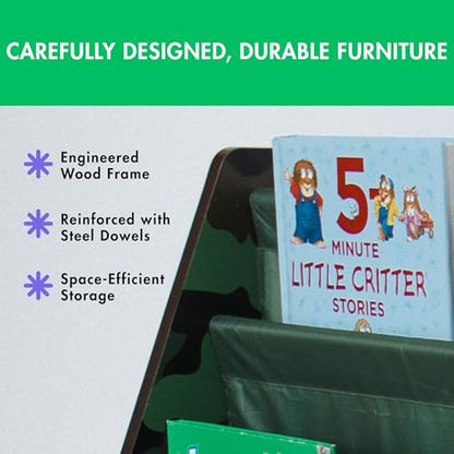 Humble Crew 4-Tier Kids Bookshelf, Camo Wood/Green - Premium Book Shelf for Kids Rooms with Four Deep Pockets - Toddler Sling Book Rack with Deep Sleeves, Nursery Bookcase Organizer - color: Camo Green