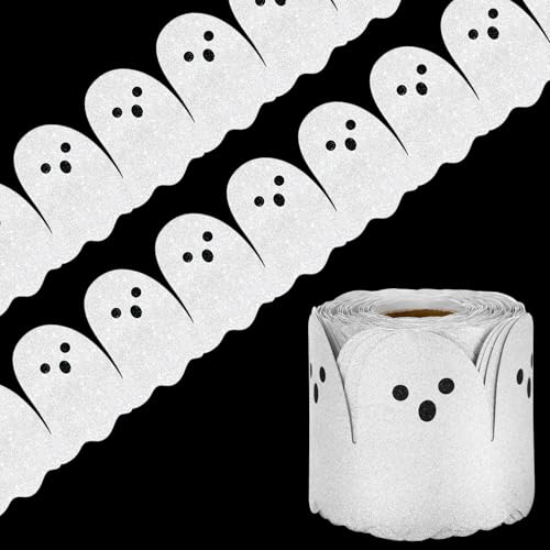 Whaline 65.6Ft Halloween Bulletin Board Border Glitter White Ghost Die Cut Trim Border Roll for Spooky Chalkboard Wall Decor - style: Ghost