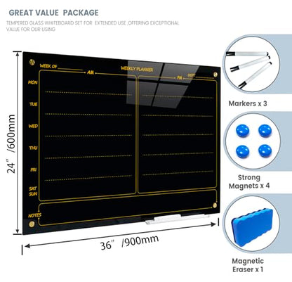 "Magnetic Planner Black Glass Board 24"X36" Weekly Glass Calendar Glassboard Premium Tempered Dry Erase Board Frameless Wall Mounted (Black)" - size: 36"W x 24"H