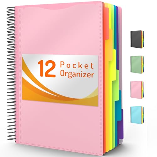 12 Pocket Project Organizer, Forvencer 1/6-cut Tab Binder Organizer with Sticky Labels, Multi Pocket Folder with Zipper Pouch, Folder Binder Spiral Pocket Notebook, Office Supplies, Letter Size, Blush - color: Blush