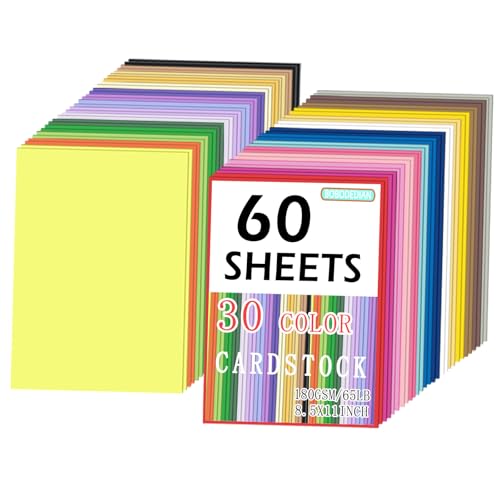 60 Sheets 8.5" X 11" Colored Cardstock, 30 Assorted Colors Construction Paper Card Stock for Crafts, School Supplies, Printer and Card Making, 180 GSM/65LB