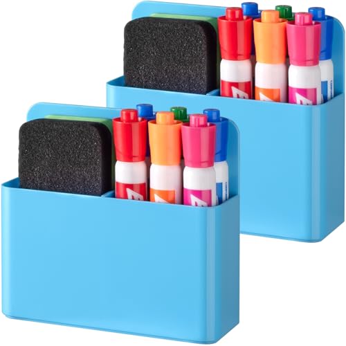 BEYGORM 2 Pack Plastic Magnetic Pen Holder for Refrigerator, Dry Erase Marker Holder for Whiteboard，Magnet School Locker Organizer Accessories, Pencil Cup, Pen Caddy, Classroom Organization(Blue) - color: blue
