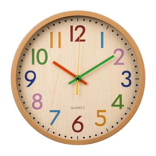 Kids Wall Clock Silent Non-Ticking Colorful Childrens Clock Round Decorative Wall Clocks for Classroom, School, Office, Bedroom, Living Room, Kitchen (Bamboo Grain, 12 inch) - color: Bamboo Grain