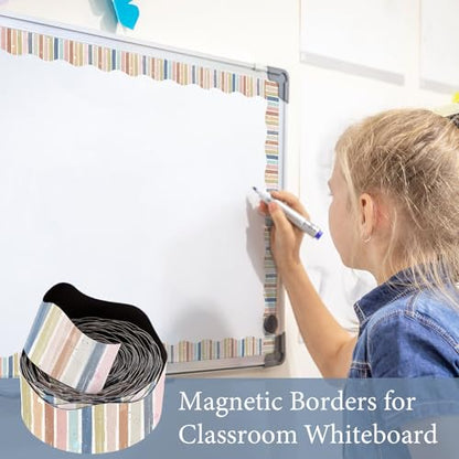 Tellegloww 36 ft Scalloped Magnetic Border Magnetic Border for Whiteboard Bulletin Board Borders Reusable Rolled Borders Trim for Office Chalkboard(Boho Stripes) - style: Boho Stripes