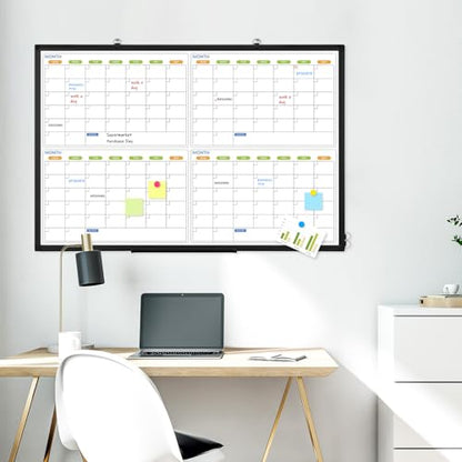 36" x 24" Magnetic Dry Erase Calendar Whiteboard, 4 Month Calendar White Board Planner, Black Aluminum Frame Wall Mounted Board for Office Home and School - color: Black Frame, size: 36"W x 24"H - 4 Month Calendar