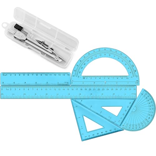 Zonon 7 Pcs Geometry Kit with Drawing Compass, 6 & 4 Inch Protractors, 45/60 Degree Triangle Rulers, 12 & 6 Inch Straight Rulers, Transparent Math Drafting Tools for Student School, Office(Blue) - color: Blue