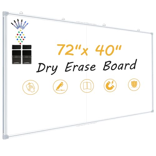 72"x40" Magnetic Whiteboard for Wall, Foldable 6x3.5 Ft Dry Erase Board Aluminum Frame Hanging White Board for Classroom, Office & Home Studio, Full Accessory Kit Included - color: White, size: 72"W x 40"H