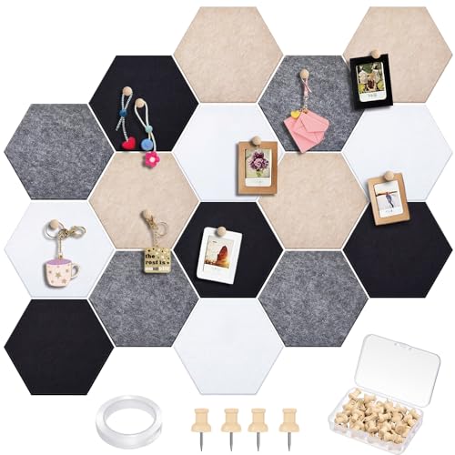 Mindsoft 12x10 in 16 Pcs Hexagon Cork Board Tiles with 50 Wooden Push Pins, Cork Boards for Wall, Felt DIY Tiles with Nano Tape, Pin Board for Office Classroom Home Photo Memo Note (Classic) - color: Classic, size: 12x10 in