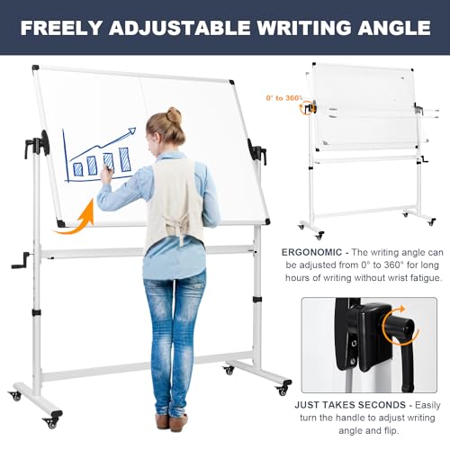 TANKEE Mobile Whiteboard 48 X 36 Inches Height Adjustable Large Standing White Board on Wheels, Rolling Double-Sided Magnetic Dry Erase Board for Office School Classroom Home - color: White, size: 48"x36"