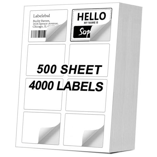 (4000 Labels/500 Sheets) Self Adhesive Name Tag Stickers, 8 Labels per Sheet, A4 Stickers 3-3/8" x 2-1/3" for Inkjet/Laser Printers, White Sticker Shipping/Mailing Labels, - color: A4-8 Up-4000 Labels