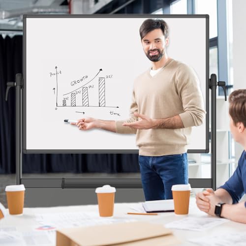 VIZ-PRO Double-Sided Magnetic Mobile Whiteboard, 48 x 36 Inches, Black Aluminium Frame and Stand - size: 48"W x 36"H