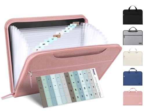 Sooez Heavy Duty Accordion File Organizer with Hidden Handle, Portable 12 Pockets Expanding File Folders, Cloth Monthly Bills Receipt Organizer for Letter/A4, School Classroom Home & Office Supplies - color: Pink